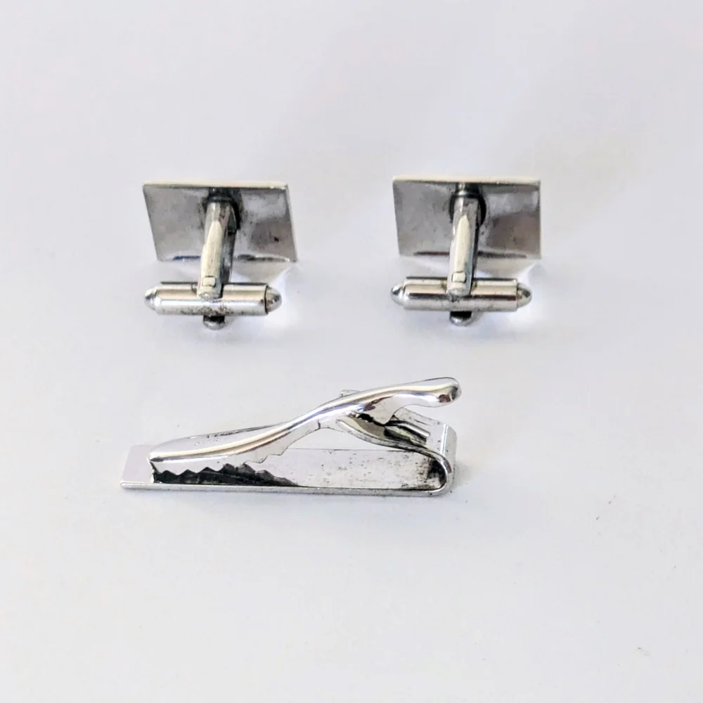 Elegant VINTAGE P&K STERLING SILVER Etched CUFFLINKS & TIE CLIP SET 17.89 Gr.